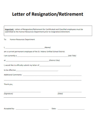 Retirement Letter of Resignation