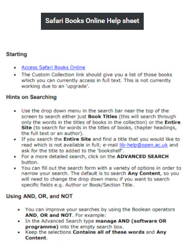 Safari Books Online Help sheet