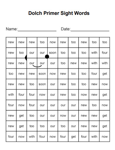 Sample Dolch Sight Words