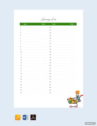 Sample Grocery List Template