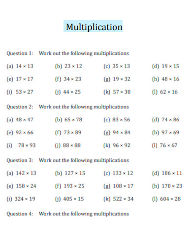 Sample Multiplication Worksheet
