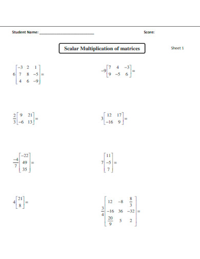 Scalar Multiplication of matrices Worksheet