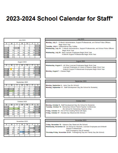 School Calendar for Staff