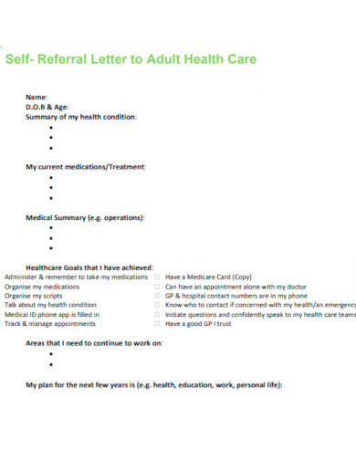 Self Referral Letter to Adult Health Care