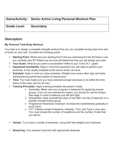 Senior Active Living Personal Workout Plan