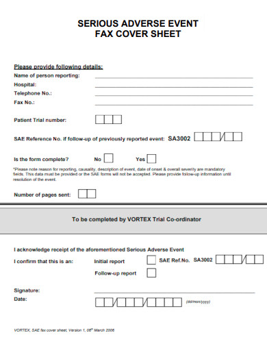 Serious Adverse Event Fax Cover Sheet