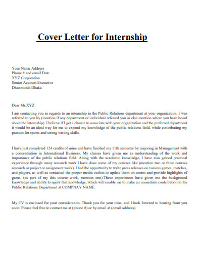 Simple Cover Letter for Internship