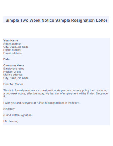 Simple Two Week Notice Resignation Letter