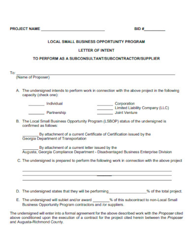Small Business Opportunity Program Letter of Intent