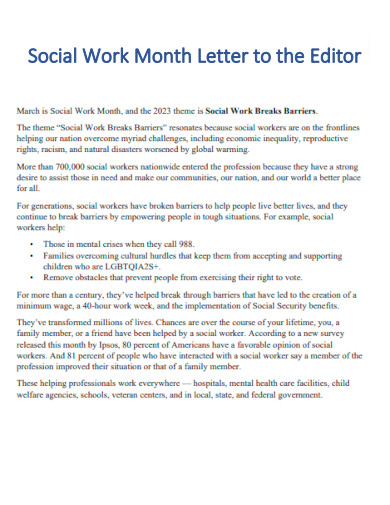 Social Work Month Letter to the Editor