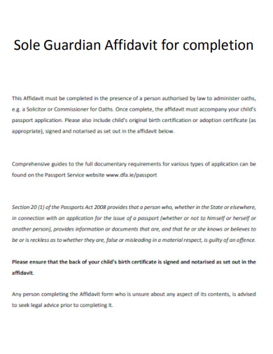 Sole Guardian Affidavit for completion