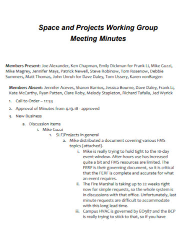 Space and Projects Group Meeting Minute Agenda