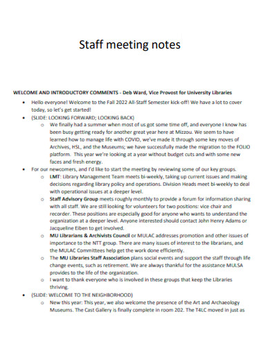 Staff Meeting Notes