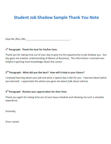 Student Job Shadow Sample Thank You Note