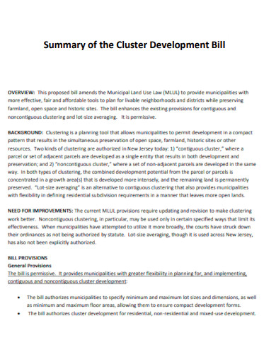 Summary of Cluster Development Bill