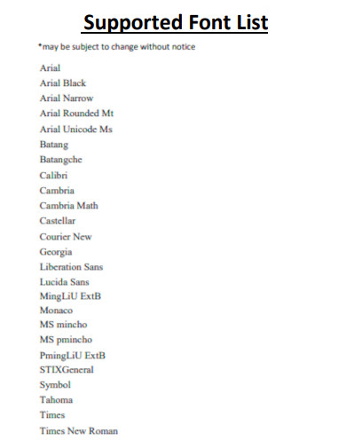 Supported Font List
