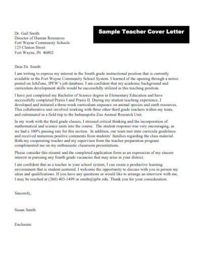 Teacher Cover Letter for Resume