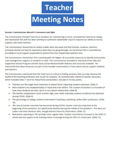 Teacher Meeting Notes