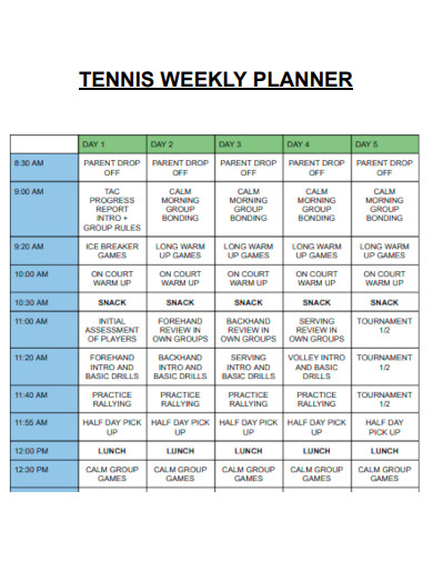 Tennis Weekly Planner