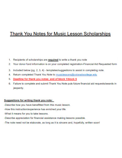Thank You Notes for Music Lesson Scholarships