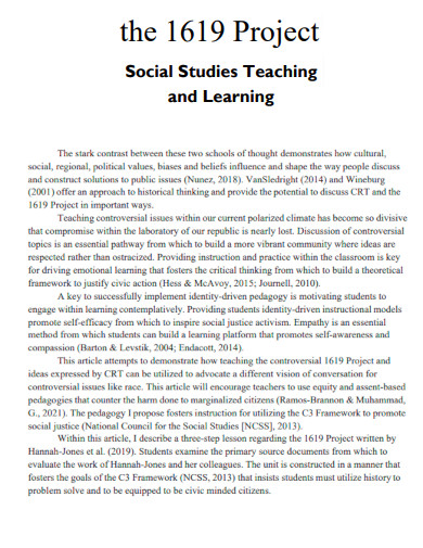 The 1619 Project Social Studies Teaching and Learning