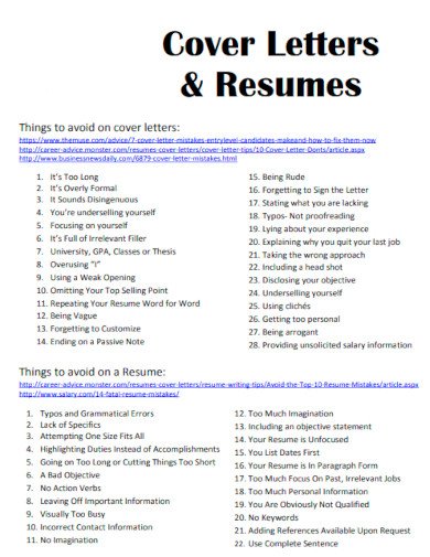 Things to avoid on Cover Letter for Resume