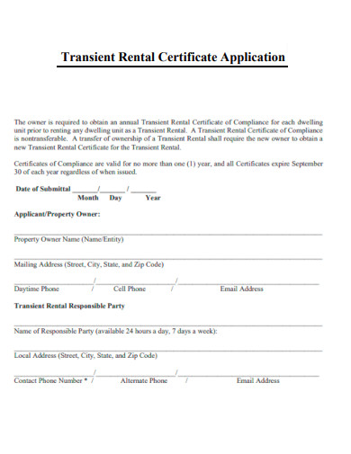 Transient Rental Certificate Application