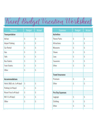 Travel Budget Vacation Worksheet