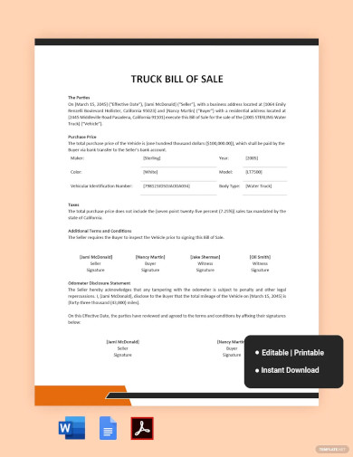 Truck Bill of Sale Template
