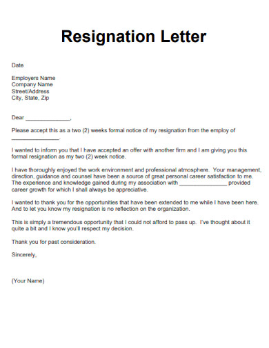 Two Weeks Notice Resignation Letter