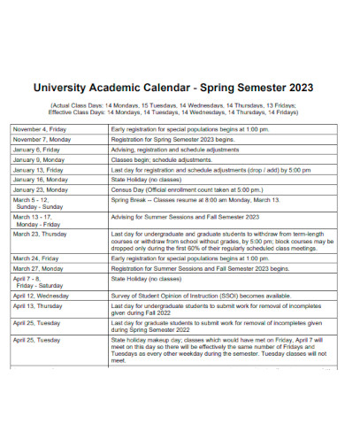 University Academic Calendar
