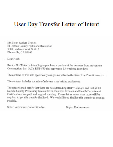 User Day Transfer Letter of Intent