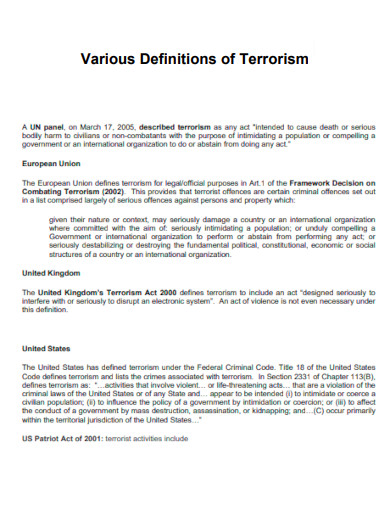 Various Definitions of Terrorism