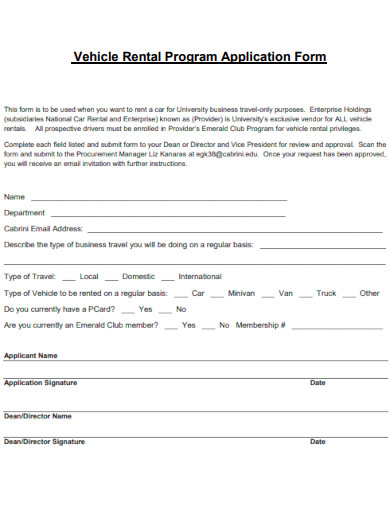 Vehicle Rental Program Application Form