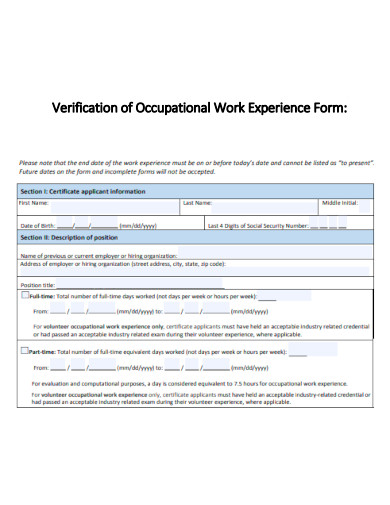 Verification of Occupational Work Experience Form