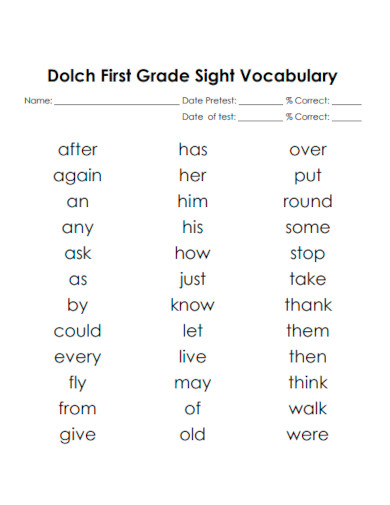 Vocabulary Dolch Sight Word List 