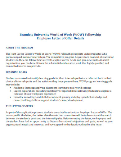 WOW Fellowship Employer Letter of Offer Details