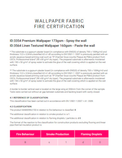 Wallpaper Fabric fire Certification