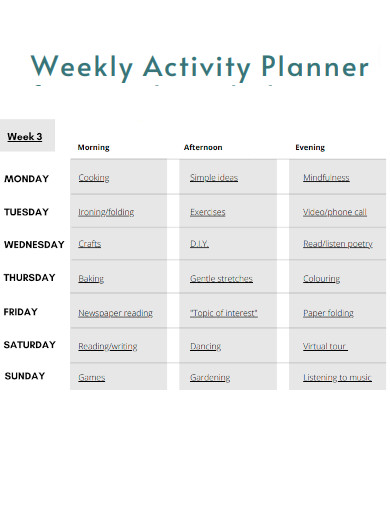 Weekly Activity Planner for Dementia People
