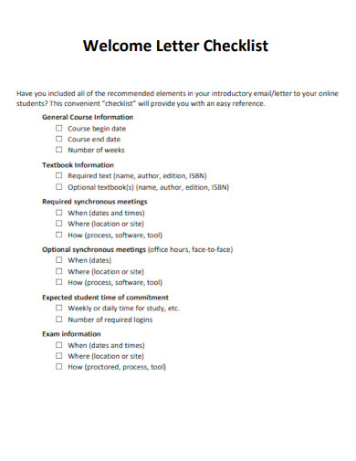 Welcome Letter Checklist