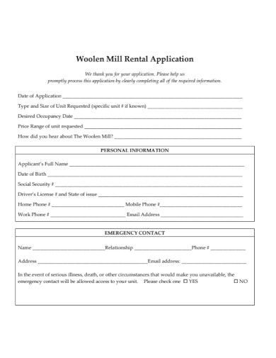 Woolen Mill Rental Application