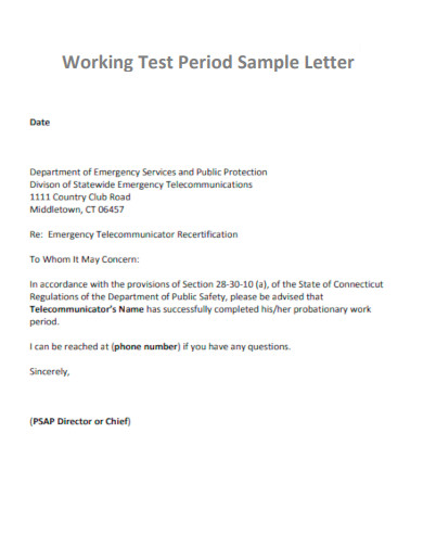 Working Test Period Letter