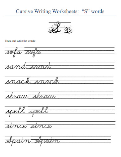 Cursive Writing Worksheet with S Words