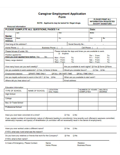 Caregiver Employment Application Form