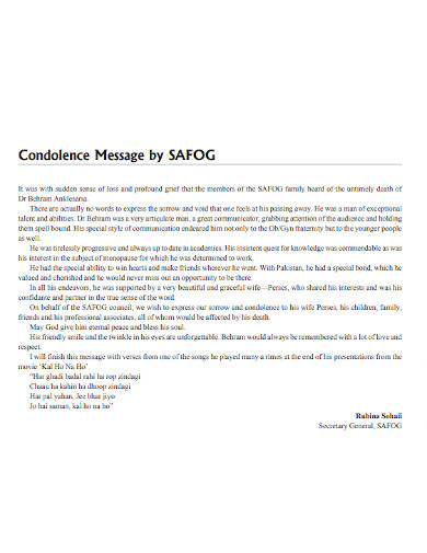 Condolence Message by SAFOG