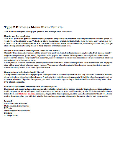 Diabetes Menu Plan for Female