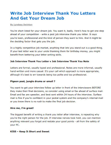 Dream Job Interview Thank You Letters