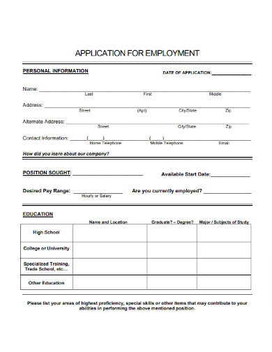 Employment Application Form Outline
