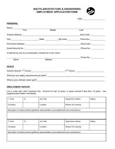 Engineering Employment Application Form