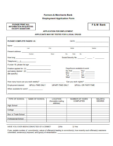 Farmers Merchants Bank Employment Application Form